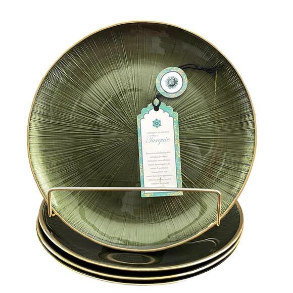 Gorgeous Green & Gold Turkish Glass Appetizer Dessert Plates 8in Set of 4 New - Picture 15 of 15